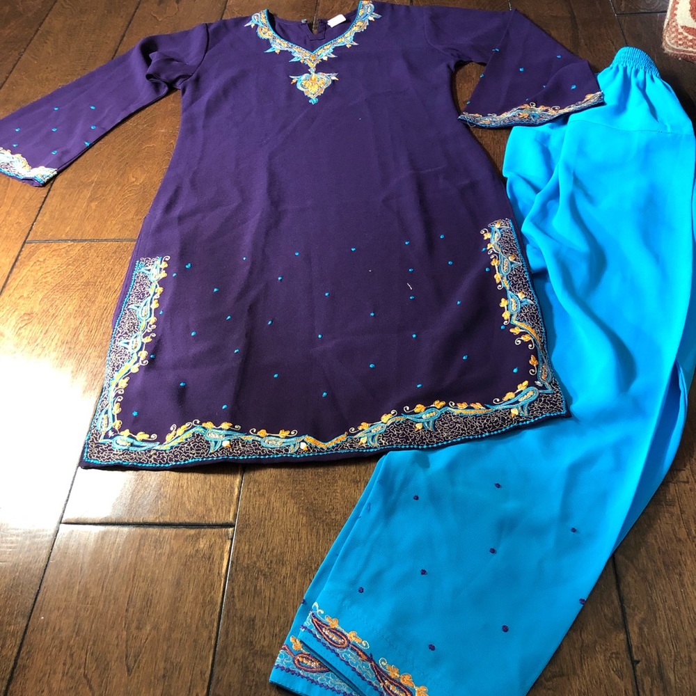 Girls Shalwar Kameez purple and turquoise machine embroidered